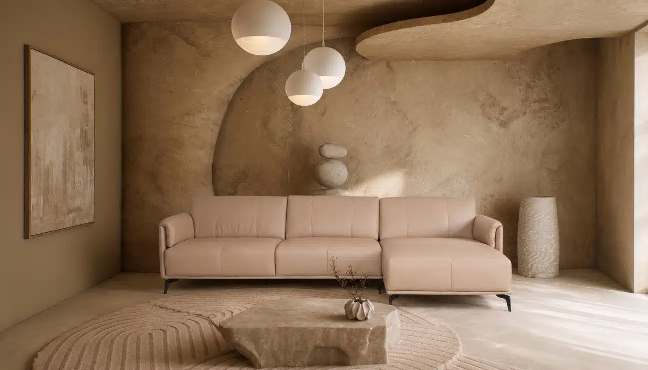 Sala de estar com sofá de couro bege, mesa de centro e iluminação suave