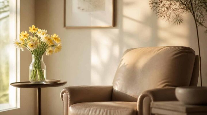 Poltrona de couro claro ao lado de um vaso com flores amarelas em uma sala iluminada pela luz da manhã