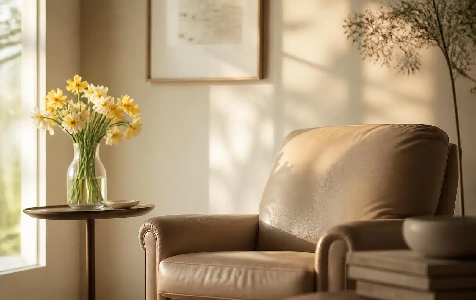 Poltrona de couro claro ao lado de um vaso com flores amarelas em uma sala iluminada pela luz da manhã